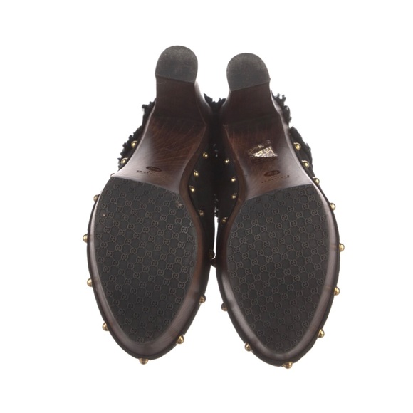 Gucci Suede Shearling Black Gold Studded Wood Heel Mules Clogs size 38.5 or 8.5 - Picture 5 of 5